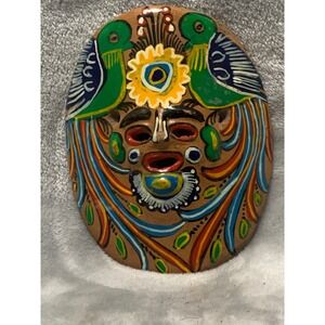 Mexican Folk Art Clay Mask Hand Painted Terracotta Bird Sun Wall Decor 4.5"